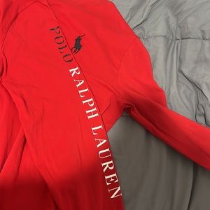 Red Polo Ralph Lauren long sleeve crew neck t shirt with brand name on sleeve